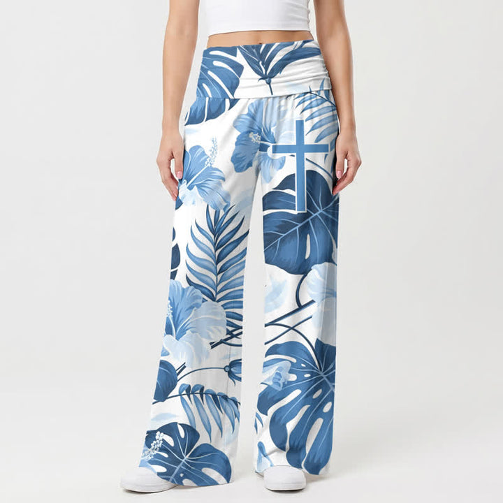 Christianartworkshop Blaue Damenhose mit tropischem Blumenmuster, hohem Bund und weitem Bein, mit weitem Bein und hohem Bund. - image 2