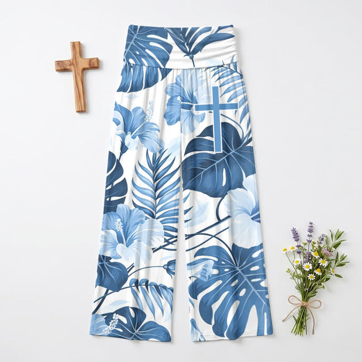 Christianartworkshop Blaue Damenhose mit tropischem Blumenmuster, hohem Bund und weitem Bein, mit weitem Bein und hohem Bund. - US22, UK/AU26, EU54 - image 0