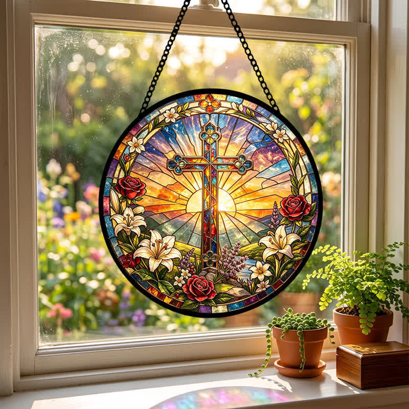 Christianartworkshop Lilien- und Rosenkranz-Kreuz-Glas-Sonnenfänger: Symbol sanfter göttlicher Reinheit - image 4