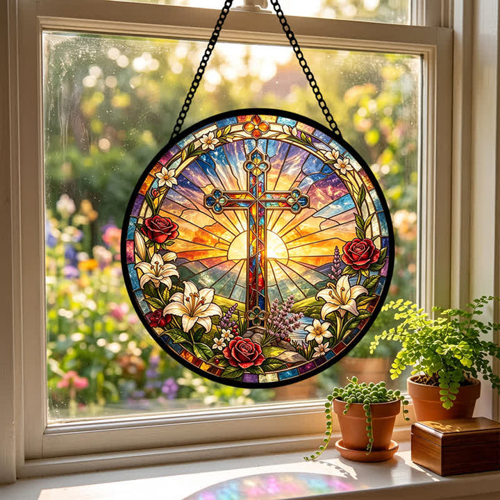 Christianartworkshop Lilien- und Rosenkranz-Kreuz-Glas-Sonnenfänger: Symbol sanfter göttlicher Reinheit - image 4