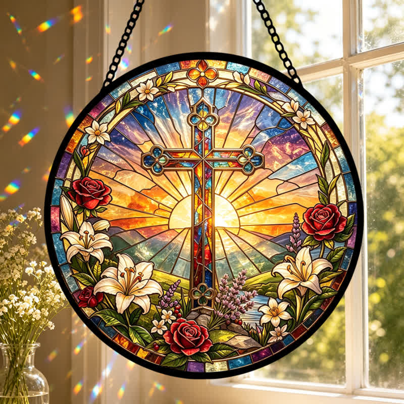 Christianartworkshop Lilien- und Rosenkranz-Kreuz-Glas-Sonnenfänger: Symbol sanfter göttlicher Reinheit - image 0