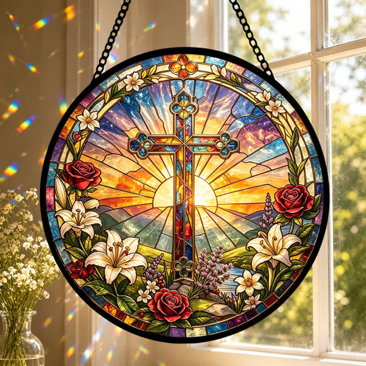 Christianartworkshop Lilien- und Rosenkranz-Kreuz-Glas-Sonnenfänger: Symbol sanfter göttlicher Reinheit - image 0