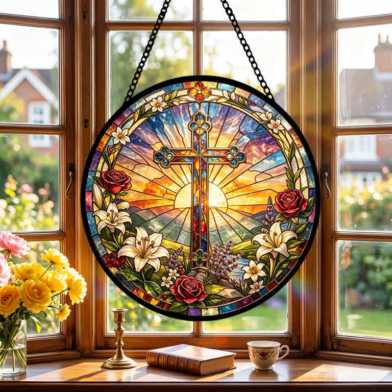 Christianartworkshop Lilien- und Rosenkranz-Kreuz-Glas-Sonnenfänger: Symbol sanfter göttlicher Reinheit - image 2