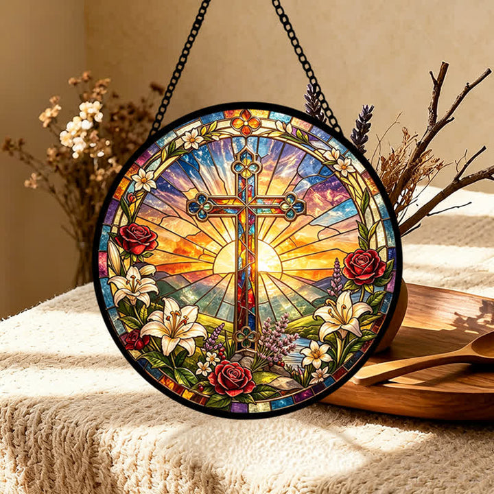 Christianartworkshop Lilien- und Rosenkranz-Kreuz-Glas-Sonnenfänger: Symbol sanfter göttlicher Reinheit - image 3