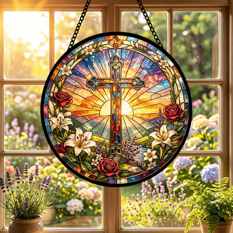 Christianartworkshop Lilien- und Rosenkranz-Kreuz-Glas-Sonnenfänger: Symbol sanfter göttlicher Reinheit - image 5