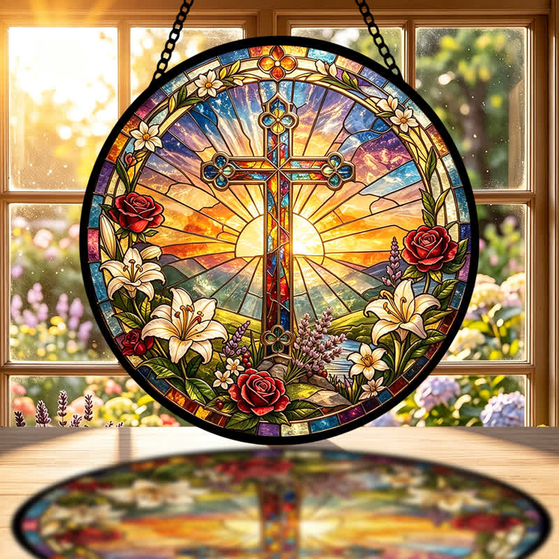 Christianartworkshop Lilien- und Rosenkranz-Kreuz-Glas-Sonnenfänger: Symbol sanfter göttlicher Reinheit - image 1