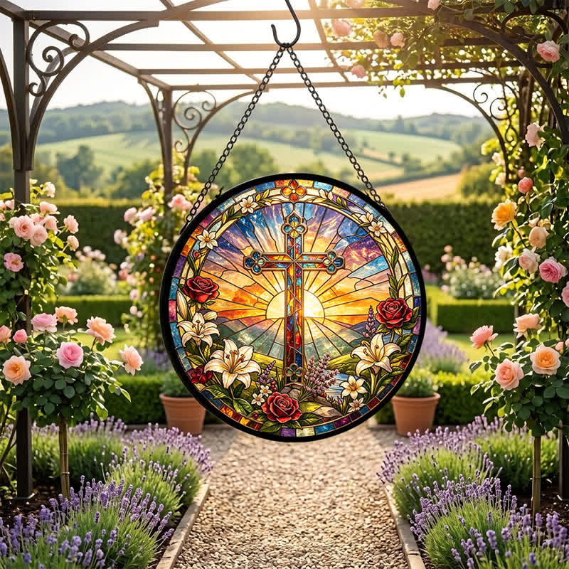 Christianartworkshop Lilien- und Rosenkranz-Kreuz-Glas-Sonnenfänger: Symbol sanfter göttlicher Reinheit - image 6