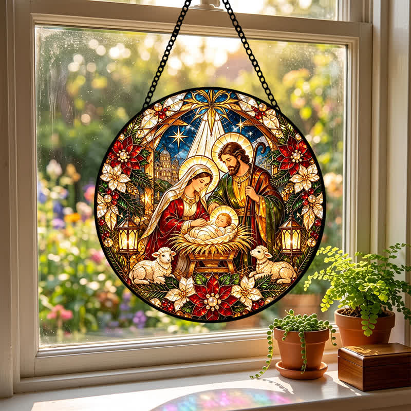 Christianartworkshop Runder Buntglas-Sonnenfänger mit Krippenmotiv: Symbol der sanften himmlischen Ankunft - image 2