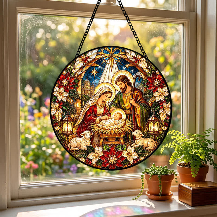 Christianartworkshop Runder Buntglas-Sonnenfänger mit Krippenmotiv: Symbol der sanften himmlischen Ankunft - image 2