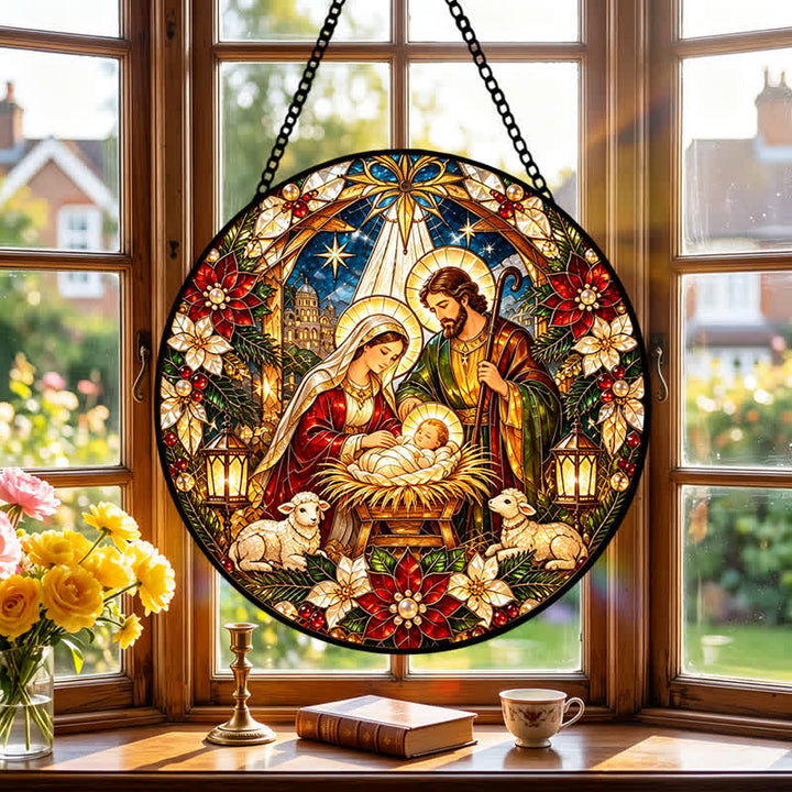 Christianartworkshop Runder Buntglas-Sonnenfänger mit Krippenmotiv: Symbol der sanften himmlischen Ankunft - image 4