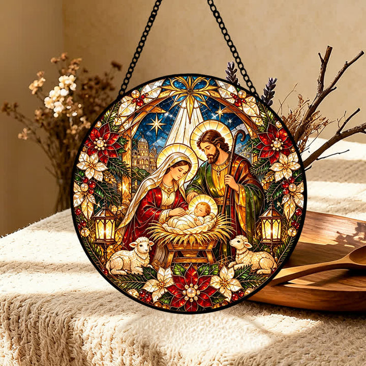 Christianartworkshop Runder Buntglas-Sonnenfänger mit Krippenmotiv: Symbol der sanften himmlischen Ankunft - image 5