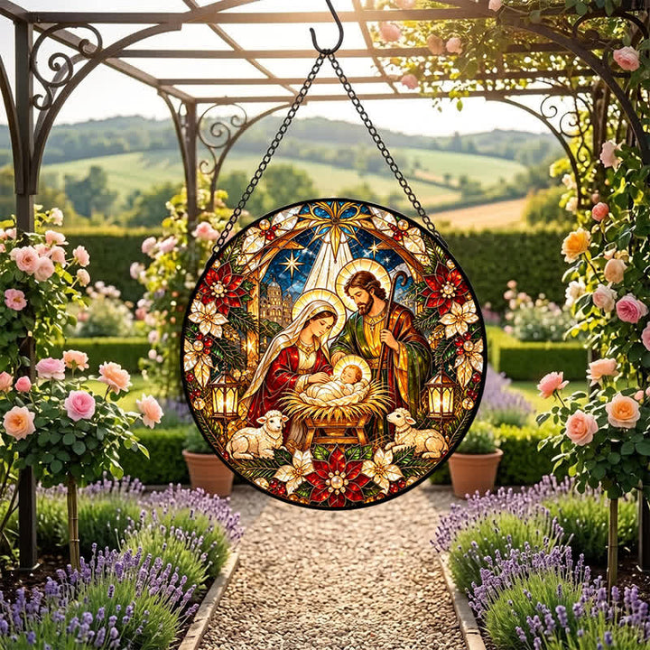 Christianartworkshop Runder Buntglas-Sonnenfänger mit Krippenmotiv: Symbol der sanften himmlischen Ankunft - image 3