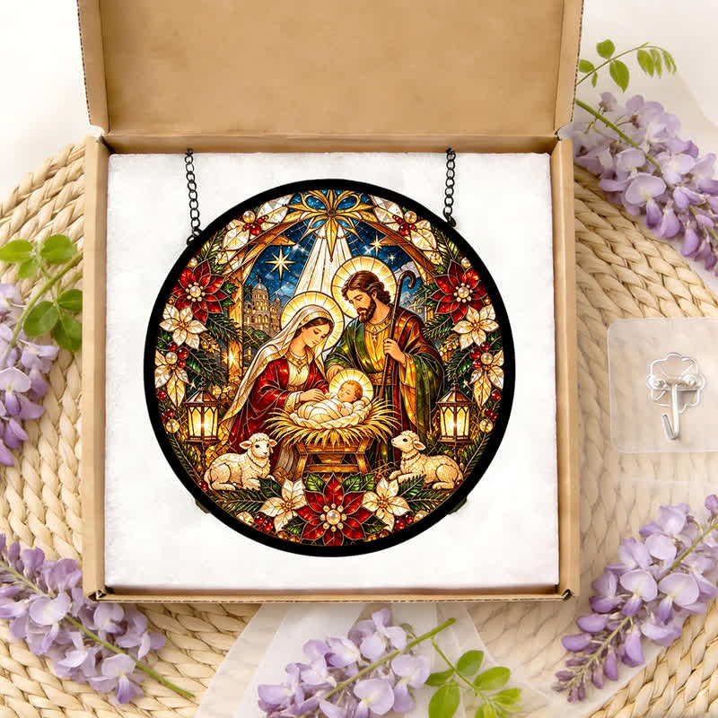 Christianartworkshop Runder Buntglas-Sonnenfänger mit Krippenmotiv: Symbol der sanften himmlischen Ankunft - image 11