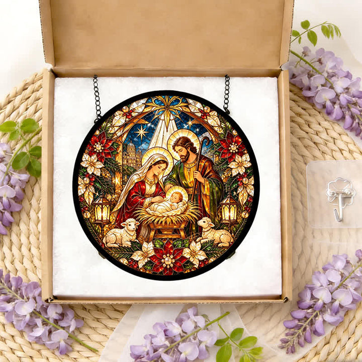 Christianartworkshop Runder Buntglas-Sonnenfänger mit Krippenmotiv: Symbol der sanften himmlischen Ankunft - image 11