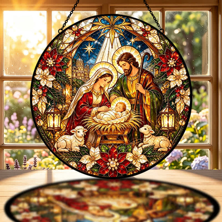Christianartworkshop Runder Buntglas-Sonnenfänger mit Krippenmotiv: Symbol der sanften himmlischen Ankunft - image 1