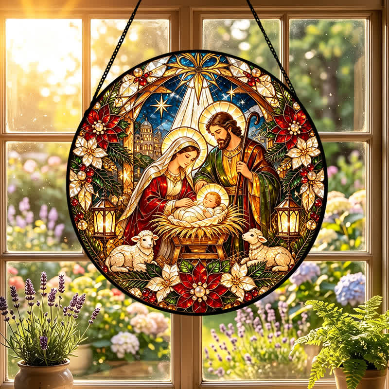 Christianartworkshop Runder Buntglas-Sonnenfänger mit Krippenmotiv: Symbol der sanften himmlischen Ankunft - image 0