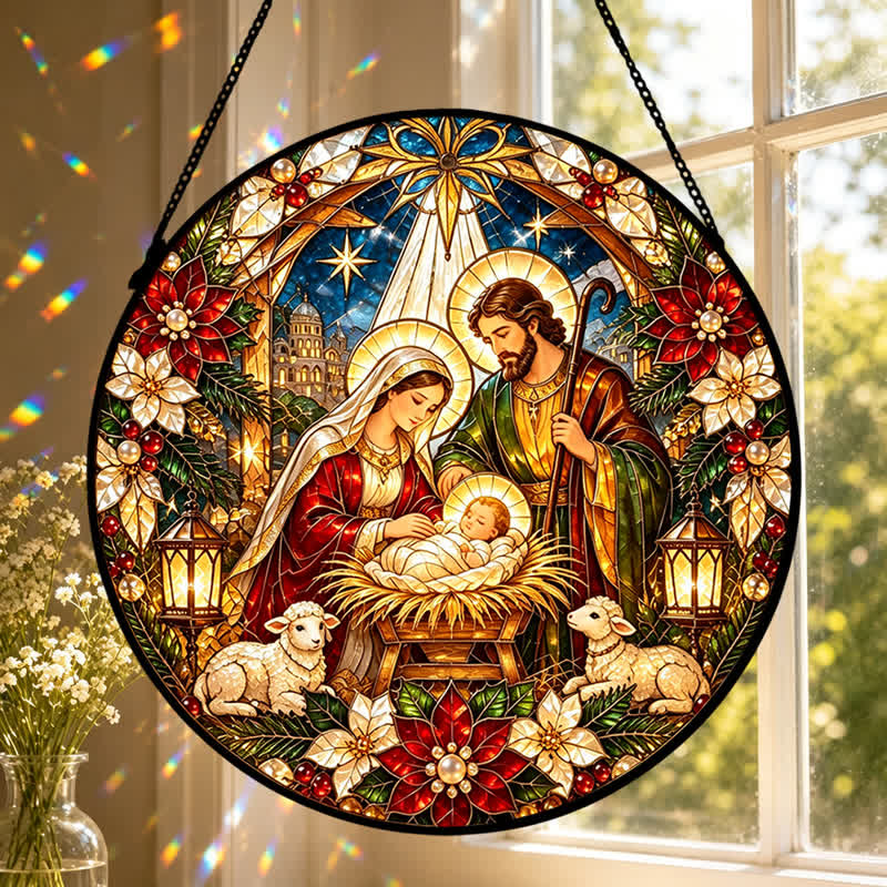 Christianartworkshop Runder Buntglas-Sonnenfänger mit Krippenmotiv: Symbol der sanften himmlischen Ankunft - image 6