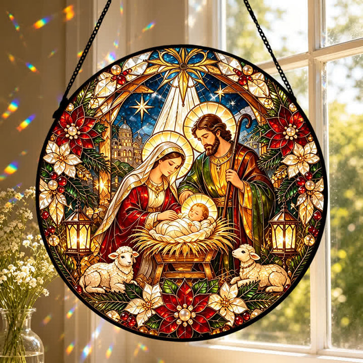 Christianartworkshop Runder Buntglas-Sonnenfänger mit Krippenmotiv: Symbol der sanften himmlischen Ankunft - image 6