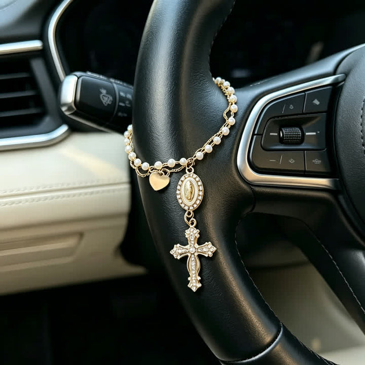 Christianartworkshop Eleganter Autoanhänger aus Naturkristall im Rosenkranz-Stil: Träger stillen himmlischen Segens - Unsere Liebe Frau und das Kreuz - image 0