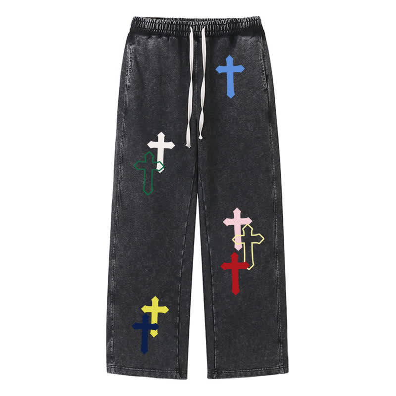 Christianartworkshop Mehrfarbige Streetwear-Jogginghose mit Kreuzmuster, lockerer Passform und gewaschenem Look - Schwarz - 2XL - image 9