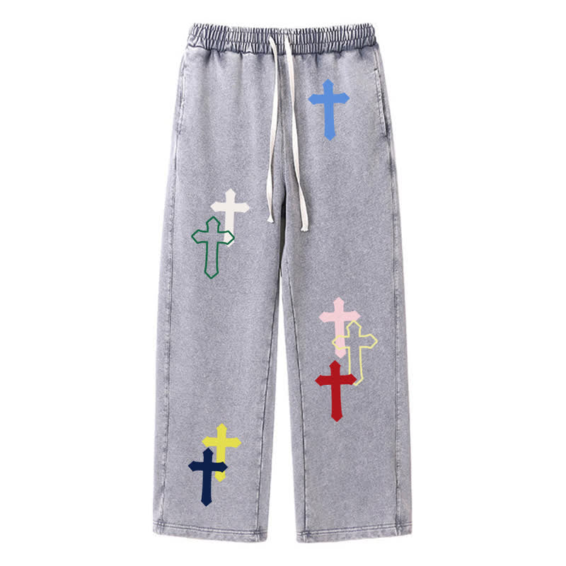 Christianartworkshop Mehrfarbige Streetwear-Jogginghose mit Kreuzmuster, lockerer Passform und gewaschenem Look - Grau - 2XL - image 26