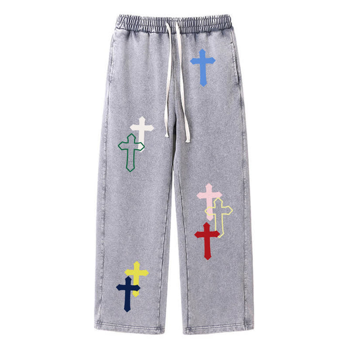 Christianartworkshop Mehrfarbige Streetwear-Jogginghose mit Kreuzmuster, lockerer Passform und gewaschenem Look - Grau - 2XL - image 26