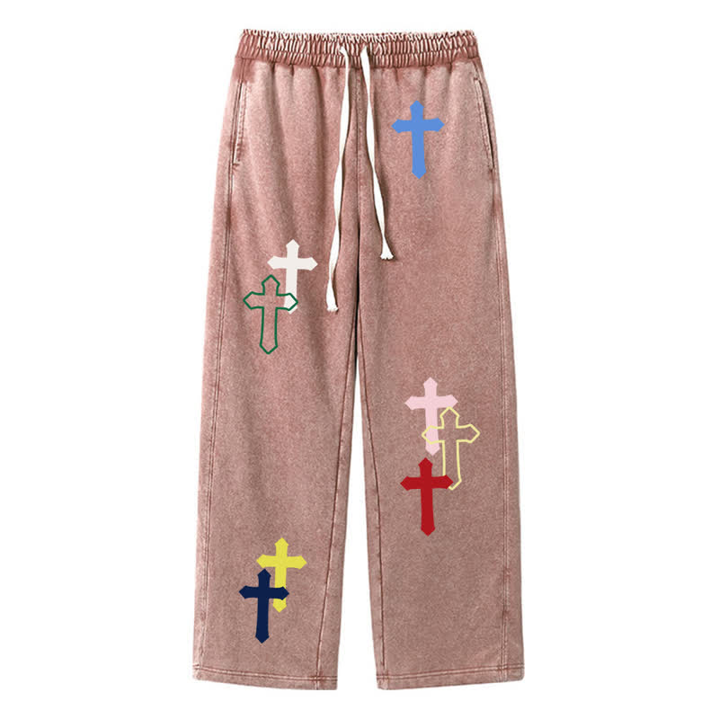 Christianartworkshop Mehrfarbige Streetwear-Jogginghose mit Kreuzmuster, lockere Passform, gewaschen - Braun - 2XL - image 42
