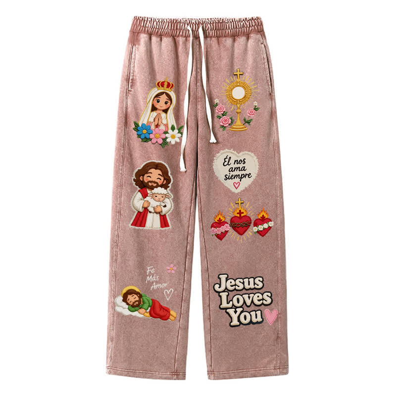 Christianartworkshop Jesus liebt dich – Pinke, gewaschene Jogginghose mit Glaubensmotiv - Braun - 2XL - image 0