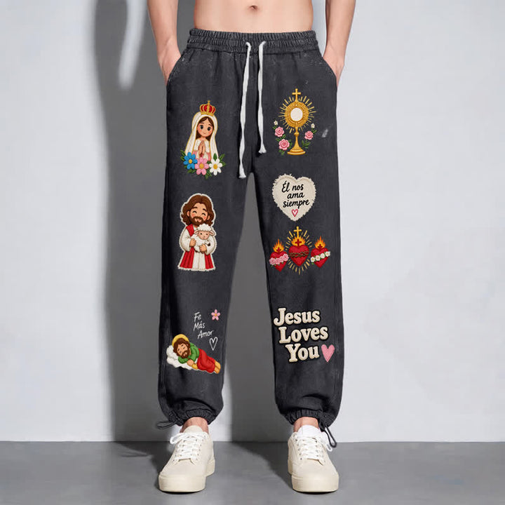 Christianartworkshop Jesus liebt dich – Pinke, gewaschene Jogginghose mit Glaubensmotiv - image 14