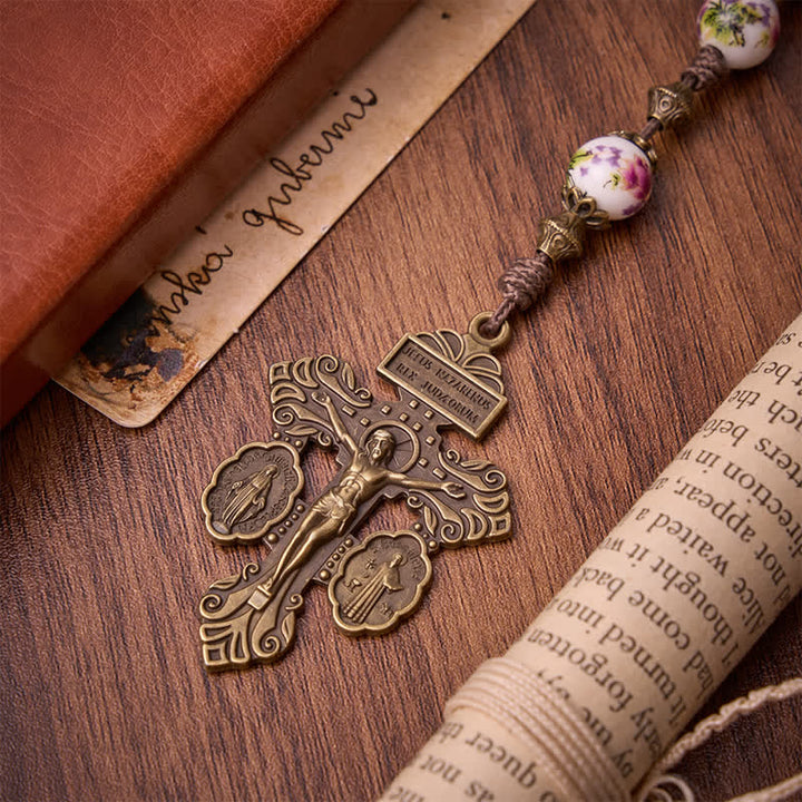 Christianartworkshop Rosenkranz aus antikisiertem Bronze mit rosa Blütenmotiv, Marienmedaille und Kruzifix - image 8