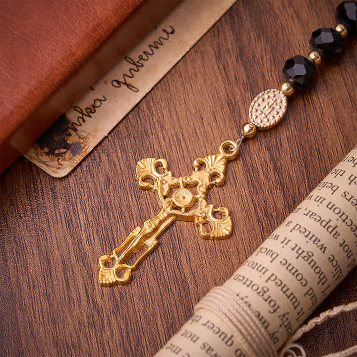 Christianartworkshop Luxuriöser Rosenkranz aus facettiertem schwarzem Glas mit kunstvoll vergoldetem Kruzifix und Marienmedaille - image 8