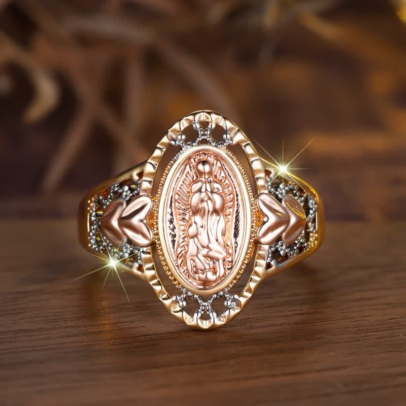 Christianartworkshop Emaillierter Andachtsring Unserer Lieben Frau von Guadalupe mit floralen Akzenten: Ein Symbol marianischer Gnade und göttlichen Schutzes - US 10 - Silber - image 5