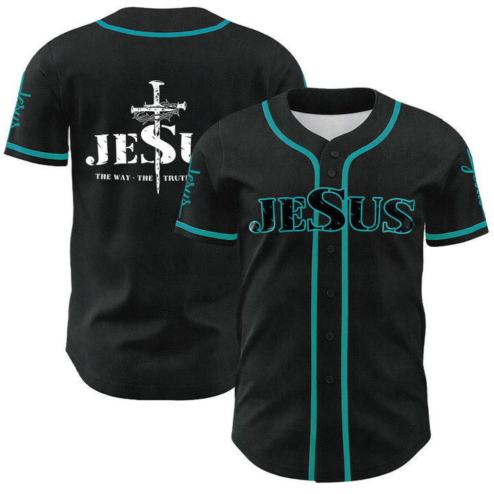 Christianartworkshop Jesus Kreuz Nagel und Dornenkrone Baseballtrikot - Schwarzer Jesus - Lake Blue - 5XL - image 17