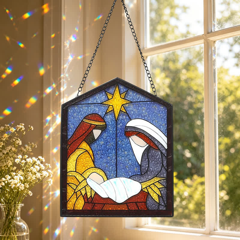 Christianartworkshop Sternengeführter Krippen-Sonnenfänger aus Buntglas: Zeichen der friedvollen göttlichen Ankunft - 3,11''*2,52''/7,9*6,4cm - image 0