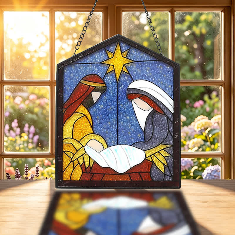 Christianartworkshop Sternengeführter Krippen-Sonnenfänger aus Buntglas: Zeichen der friedvollen göttlichen Ankunft - image 1