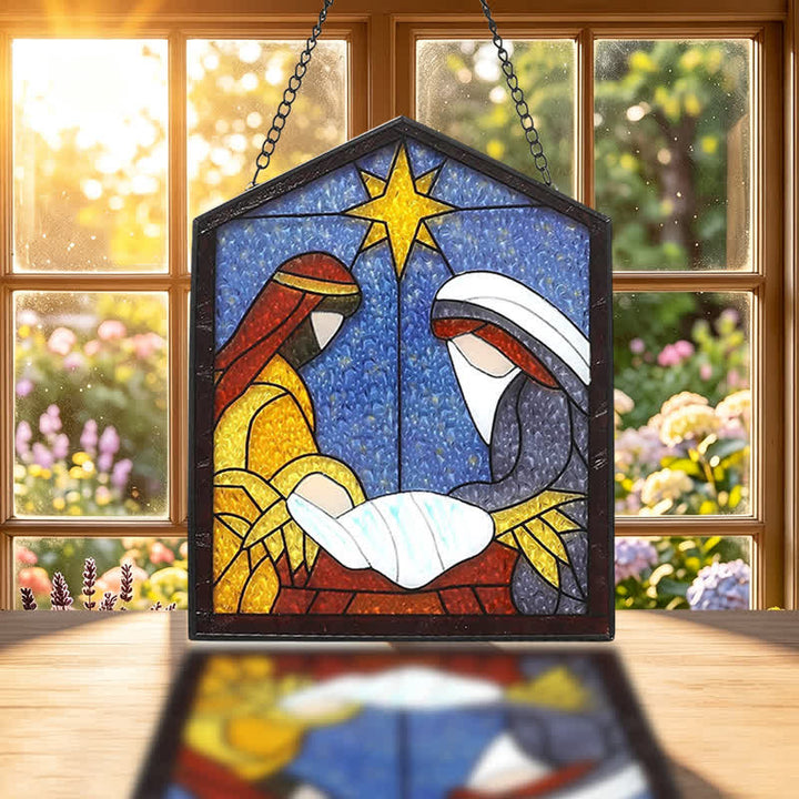 Christianartworkshop Sternengeführter Krippen-Sonnenfänger aus Buntglas: Zeichen der friedvollen göttlichen Ankunft - image 1