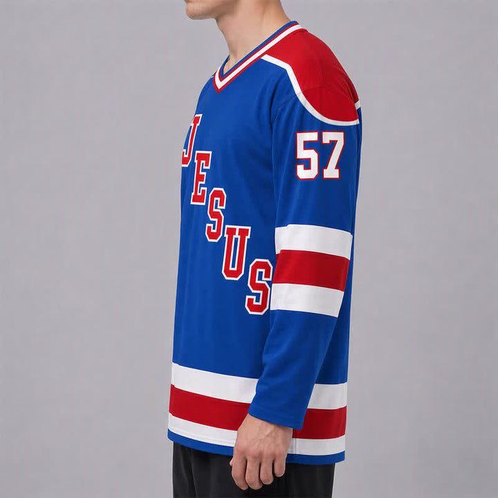 Christianartworkshop Jesus Faith 57 Blue Stripe Langarm-Hockeytrikot - image 5