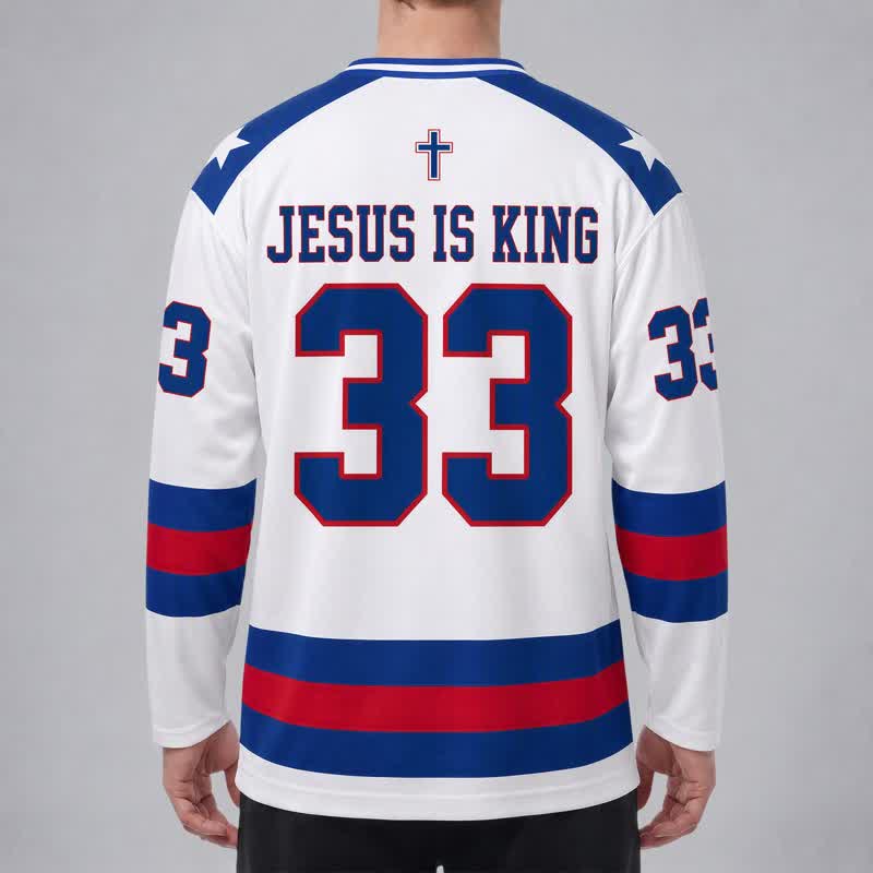 Christianartworkshop Jesus Is King 33 Varsity Langarm-Hockeytrikot - image 4