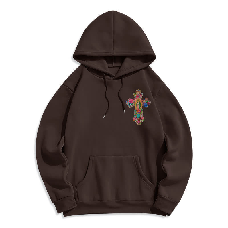 Christianartworkshop Fleece-Pullover-Hoodie mit Blumenstickerei und Glaubenskreuzmotiv in Creme - Braun - 2XL - image 4