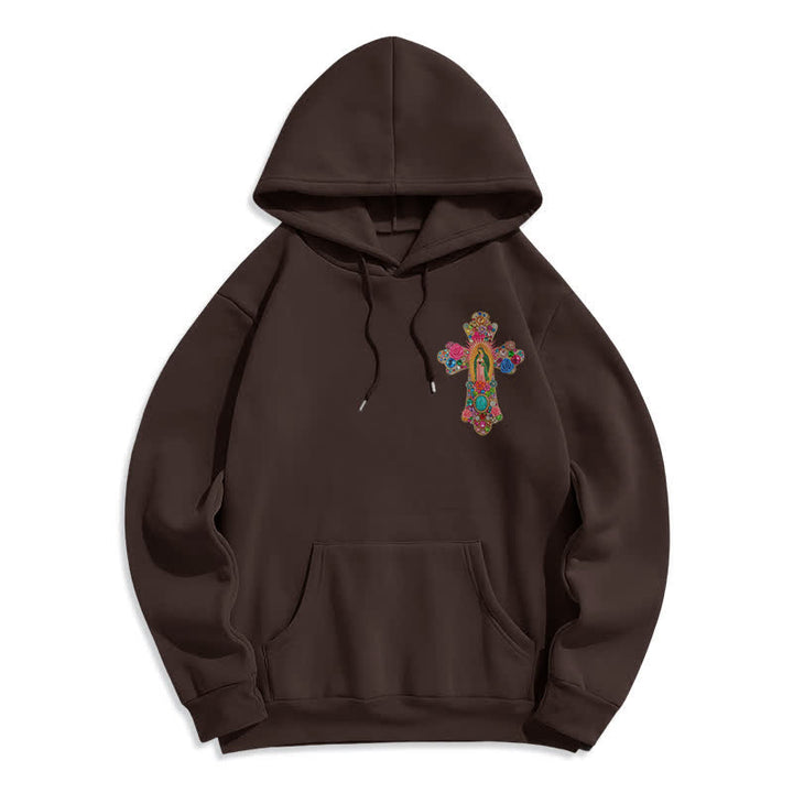 Christianartworkshop Fleece-Pullover-Hoodie mit Blumenstickerei und Glaubenskreuzmotiv in Creme - Braun - 2XL - image 4