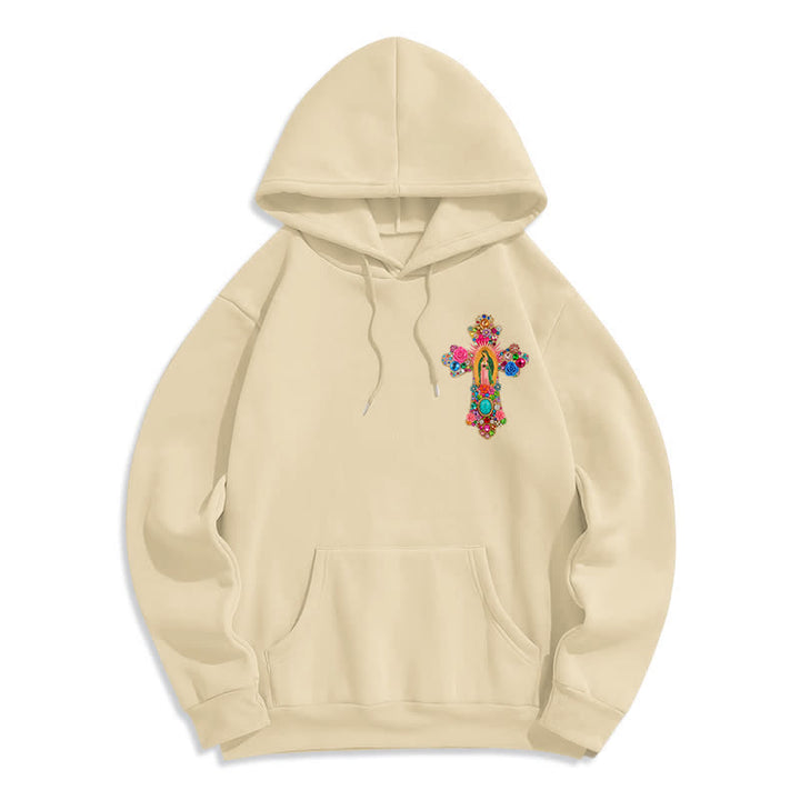 Christianartworkshop Fleece-Pullover-Hoodie mit Blumenstickerei und Glaubenskreuzmotiv in Creme - Beige - 2XL - image 0