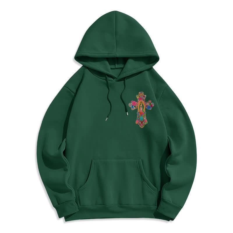 Christianartworkshop Fleece-Pullover-Hoodie mit Blumenstickerei und Glaubenskreuzmotiv in Creme - Grün - 2XL - image 7