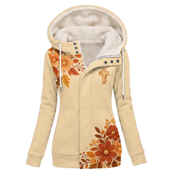 Christianartworkshop Cremefarbener, herbstlich geblümter Fleece-Wintermantel mit Kapuze, Kapuze und Kapuze - US16, UK/AU20, EU48 (4XL) - image 0