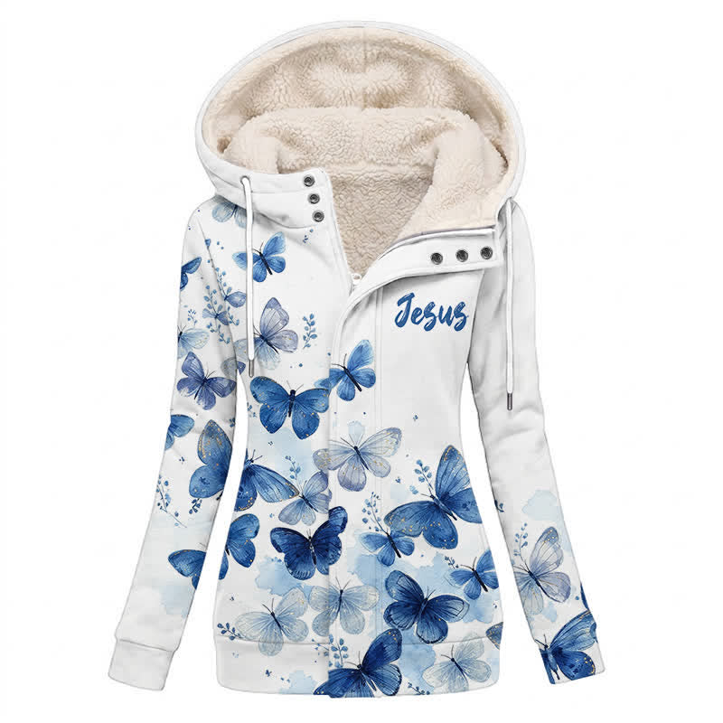 Christianartworkshop Winterjacke mit Kapuze und blauem Schmetterlingsmotiv, Modell „Jesus“, aus Fleece - US16, UK/AU20, EU48 (4XL) - image 0