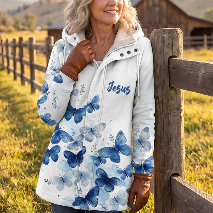 Christianartworkshop Winterjacke mit Kapuze und blauem Schmetterlingsmotiv, Modell „Jesus“, aus Fleece - image 3