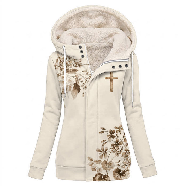Christianartworkshop Beige-braune Fleece-Winterjacke mit Kapuze und floralem & holzfarbenem Kreuzmuster - US16, UK/AU20, EU48 (4XL) - image 0