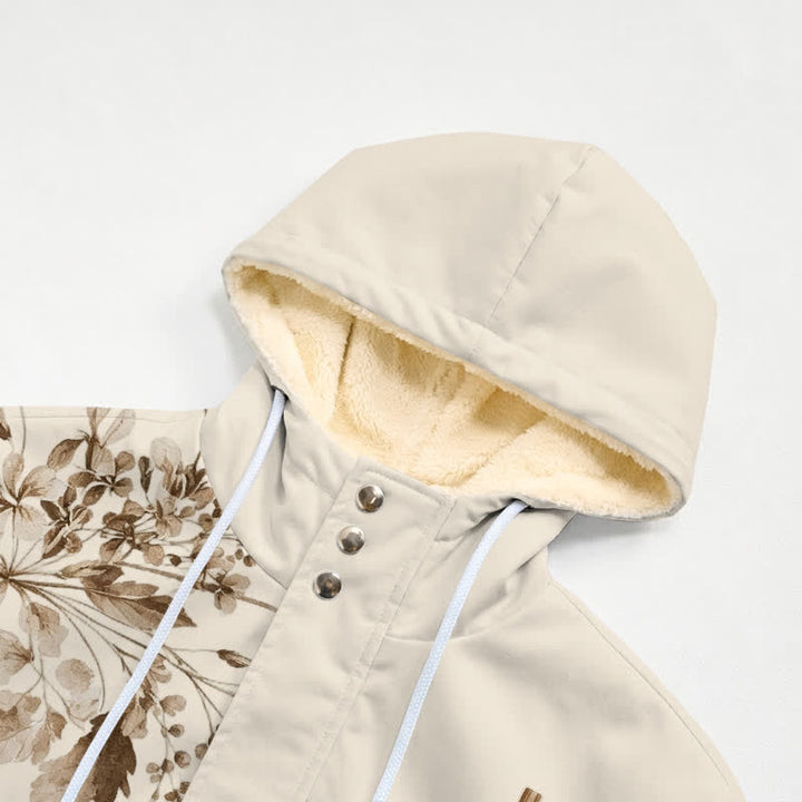 Christianartworkshop Beige-braune Fleece-Winterjacke mit Kapuze und floralem & holzfarbenem Kreuzmuster - image 4