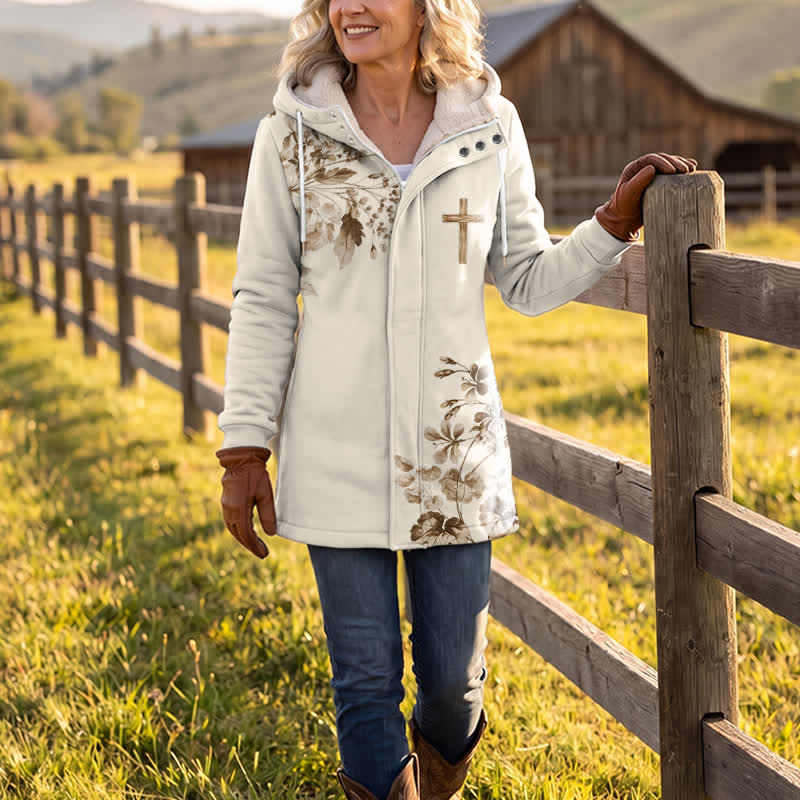 Christianartworkshop Beige-braune Fleece-Winterjacke mit Kapuze und floralem & holzfarbenem Kreuzmuster - image 2