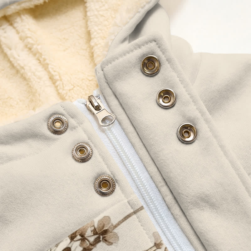 Christianartworkshop Beige-braune Fleece-Winterjacke mit Kapuze und floralem & holzfarbenem Kreuzmuster - image 5