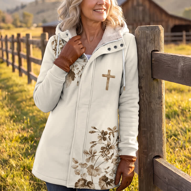 Christianartworkshop Beige-braune Fleece-Winterjacke mit Kapuze und floralem & holzfarbenem Kreuzmuster - image 3